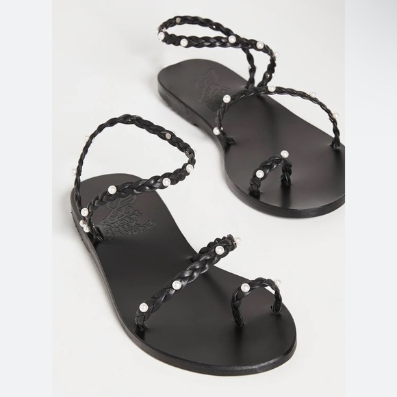 Ancient Greek NEW Eleftheria Imitation Pearls and Braided Black Leather Sandal 6 - Picture 1 of 13